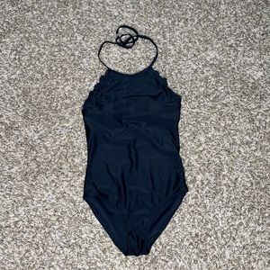 Black one piece swimsuit scallop trim